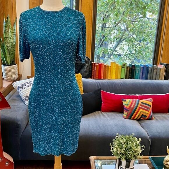 Vintage 100% Silk Peacock Teal Beaded Cocktail Dress - Picture 6 of 13
